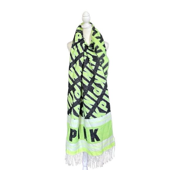 PINK Victoria's Secret Neon Green & Black Reversible Fringe Logo Blanket Scarf - Picture 1 of 7